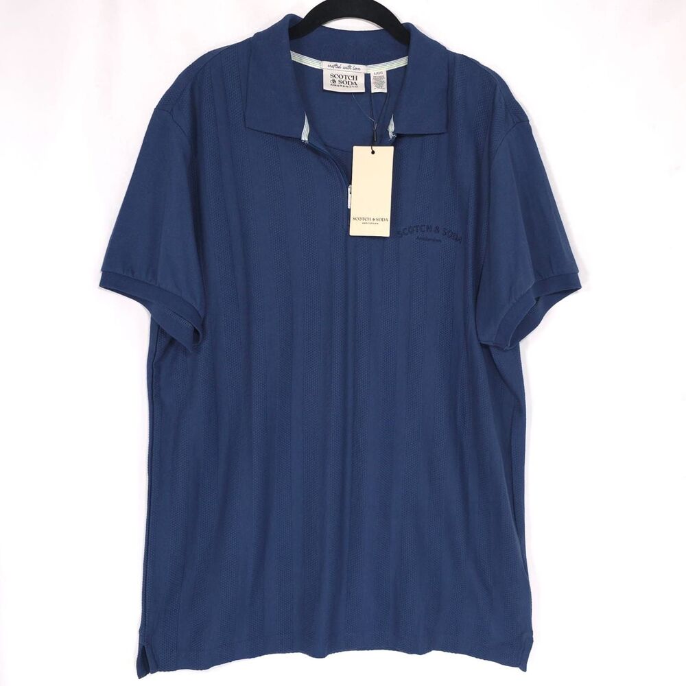 SCOTCH & SODA Mens New Polo Shirt Blue LARGE Short Sleeve Popcorn Pique Zip Polo